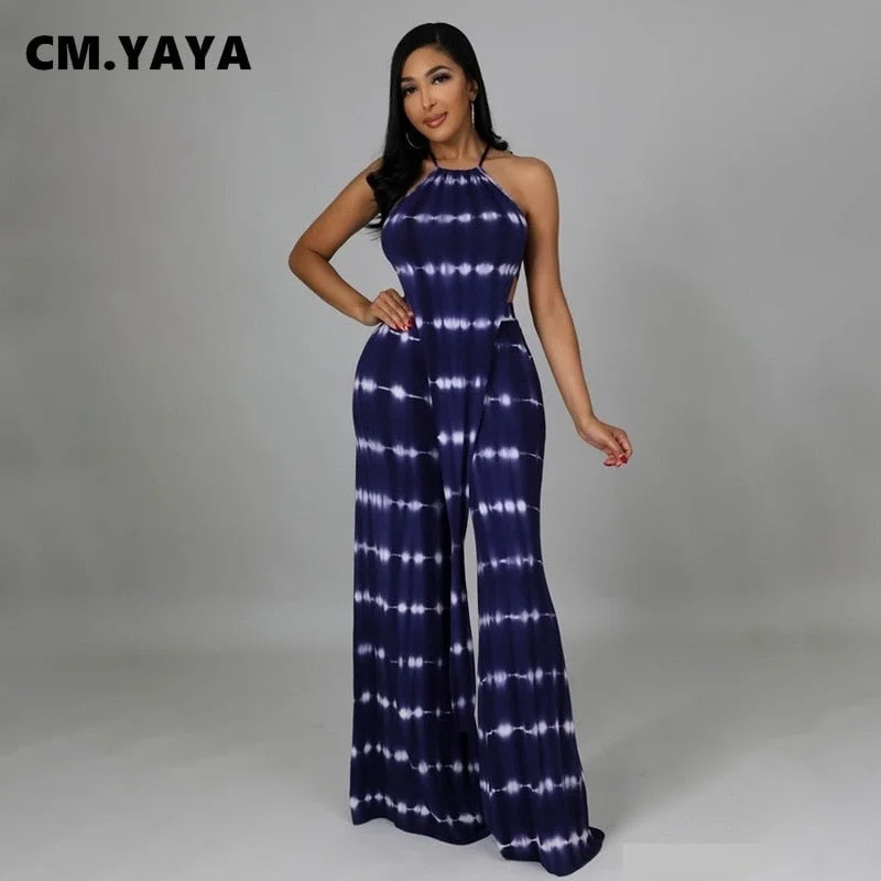 CM.YAYA 2022 Summer Tie Dye Women's Set for Elegant Beach Irregular Crop Tops Wide Leg Straight Pants Matching Two 2 Piece Set