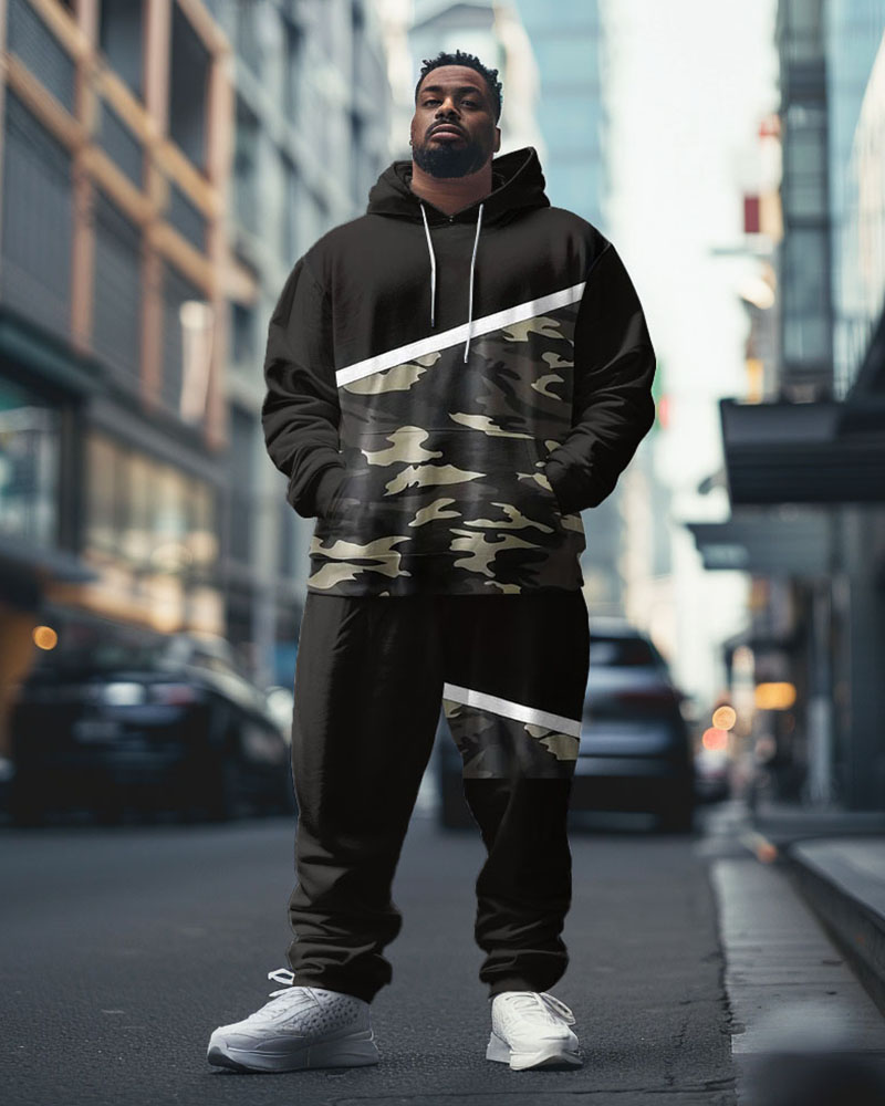 Men's Street Fashion Black Patchwork Camouflage Print Plus Size Hoodie Suit