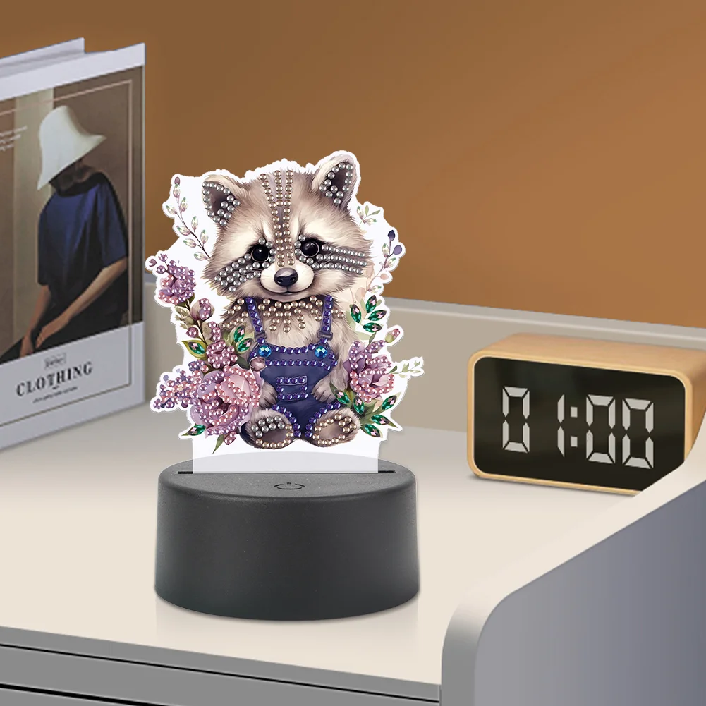 5D DIY Acrylic Raccoon Double Sided Diamond Painting LED Night Light for Adults