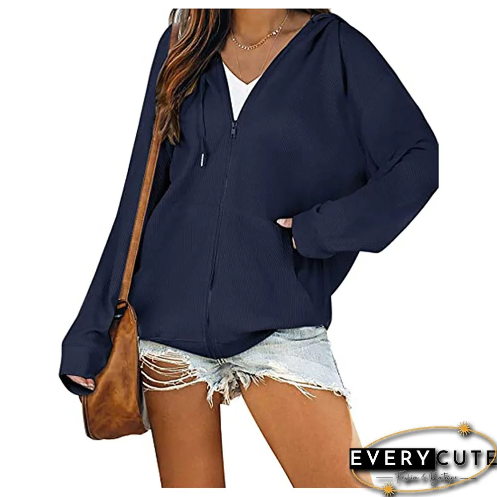 Navy Blue Waffle Zipper-up Long Sleeve Hoodie Jacket