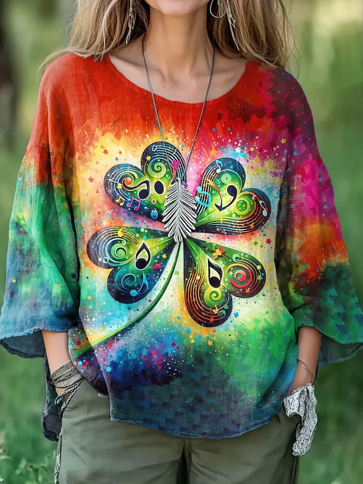 Women's Tie-dye Gradient Music St. Patrick Pattern Art Print Casual Cotton and Linen Shirt