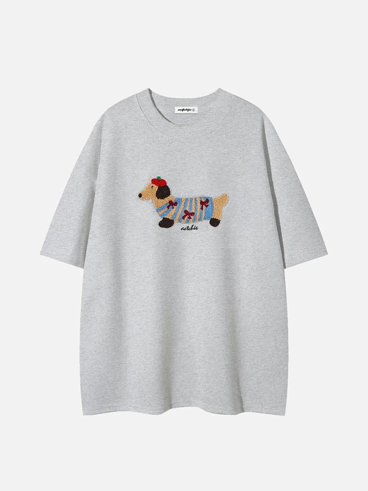 Grey Cartoon Dachshund Embroidery Oversized Tee Front