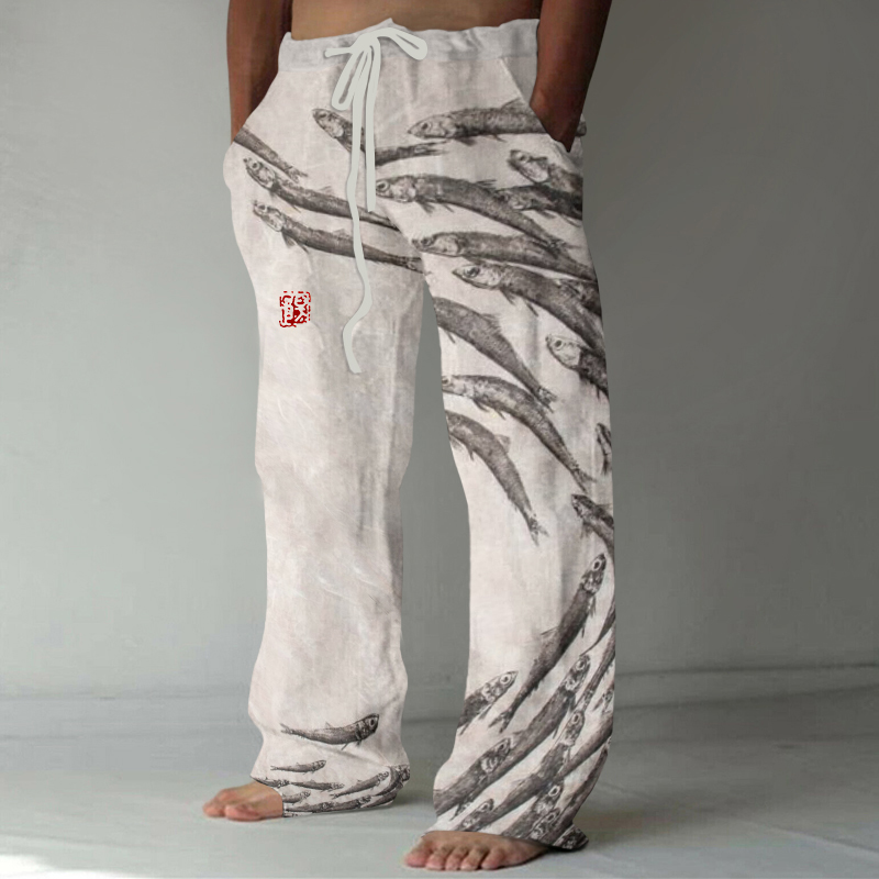 Comstylish Vintage Japanese Art Fish Whirlpool Print Casual Linen Blend Pants