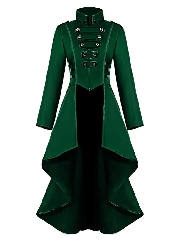 Halloween Retro Costume Women Maxi Coat Stand Collar Buttons Up Ruffle High Low Vintage Dress Coat Carnival Novameme