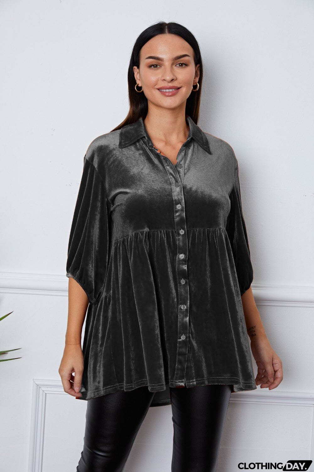 Tiered Button Up Collared Neck Shirt