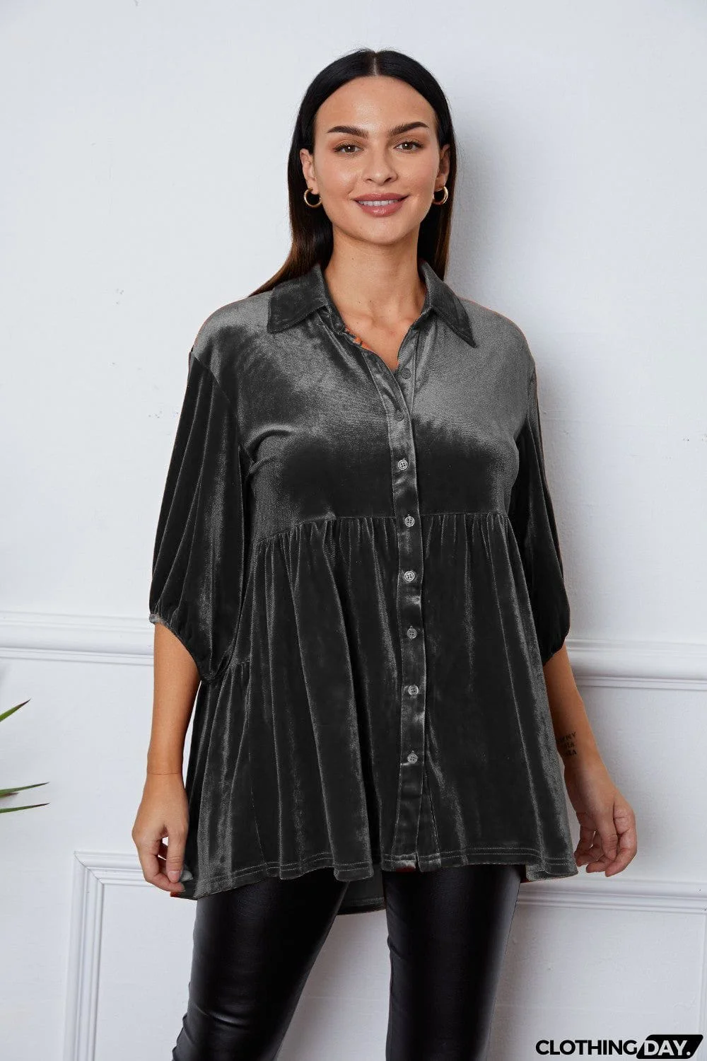 Tiered Button Up Collared Neck Shirt