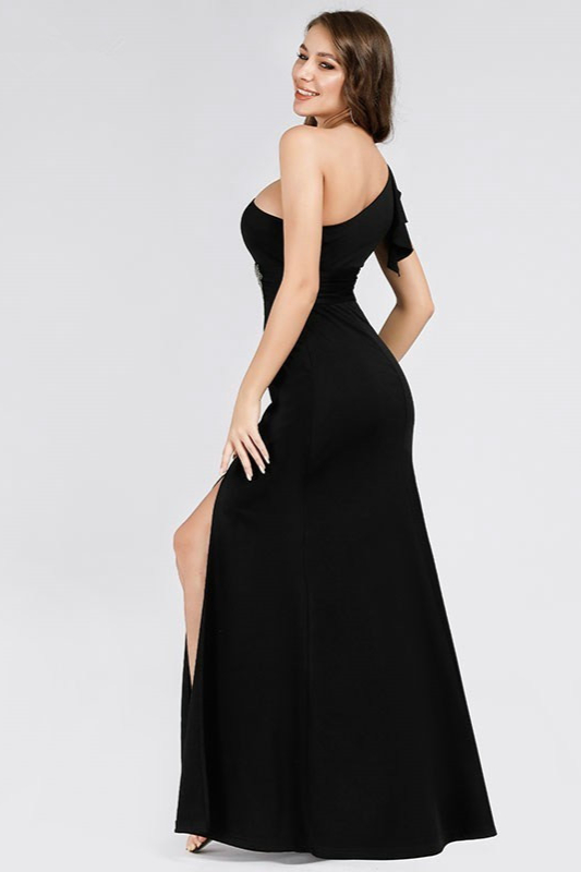 Chic One Shoulder Prom Dresses Black Evening Gowns With Slit
