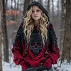 Women's Retro Drop Shoulder Skeleton Pattern Loose Hooded Sweater