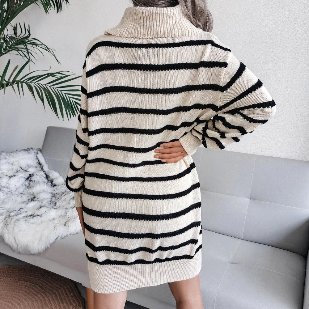 High Neck Striped Knitted Sweater Dress