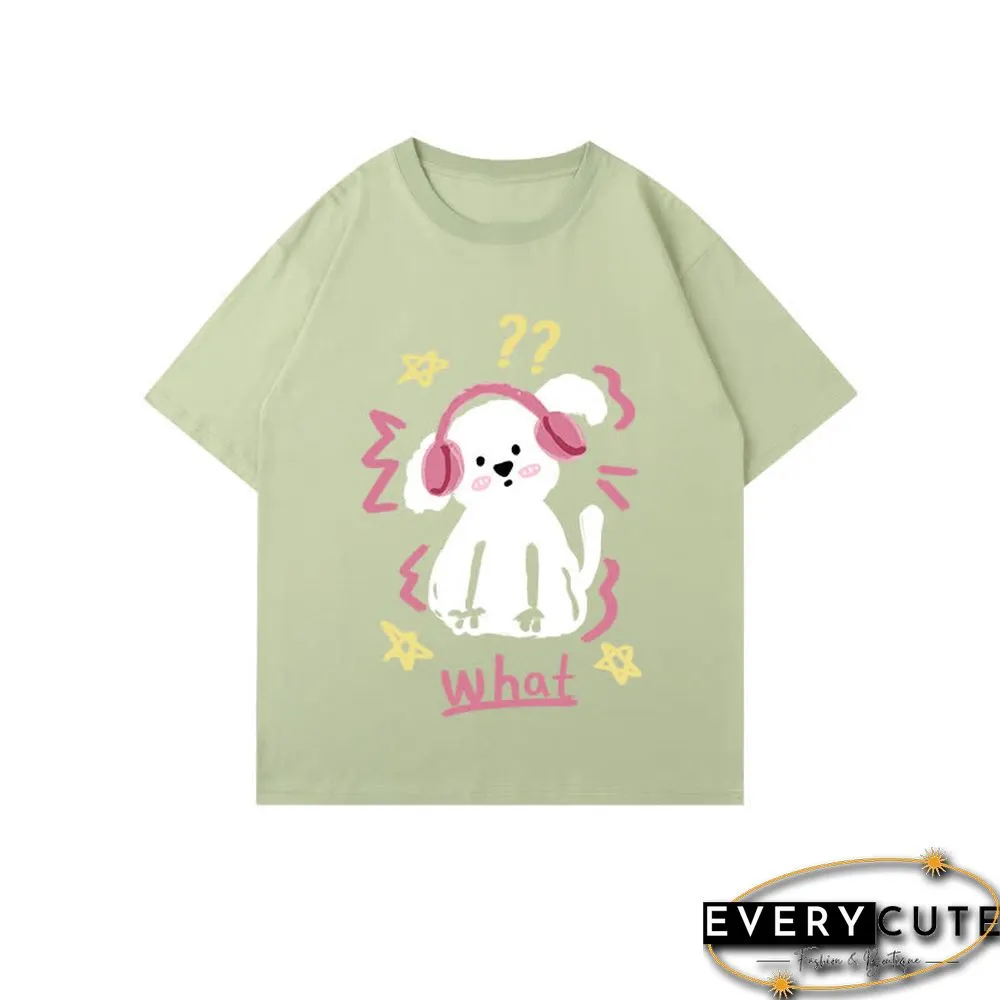 Kawaii Letter Puppy Print Round Collar Oversized T-Shirt