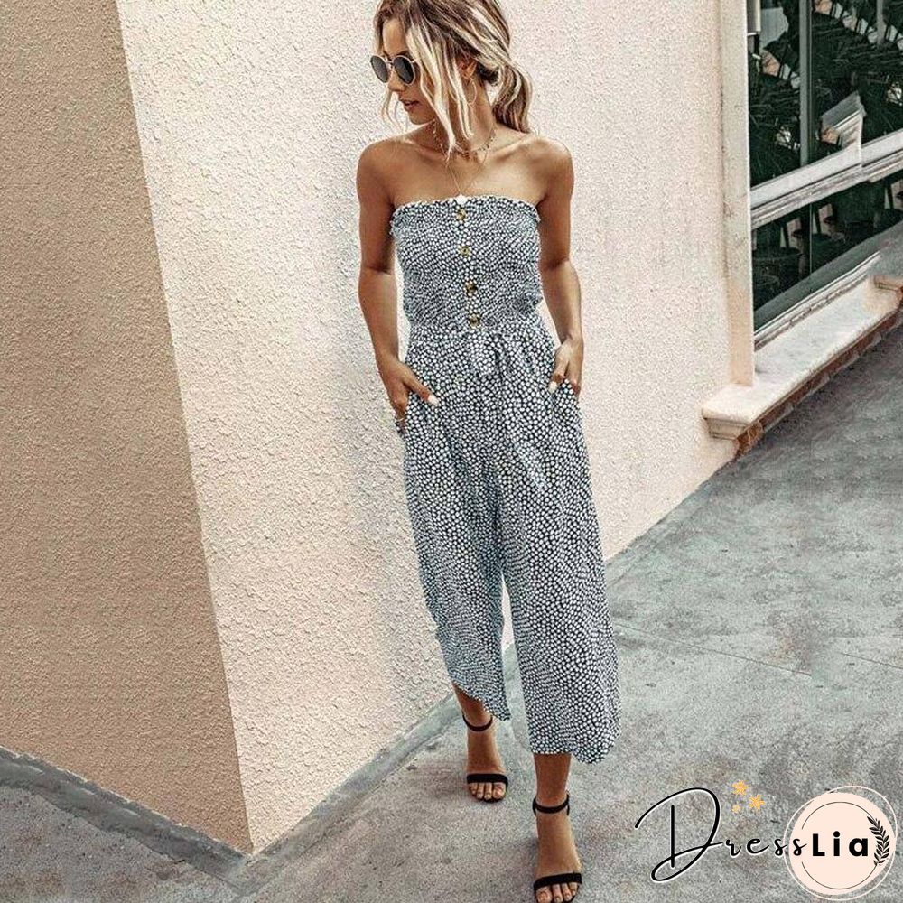 Floral Long Jumpsuit Elegant Women Backless Romper Summer Jumpsuit Female Cotton Pocket Ladies Strapless Overalls For Women