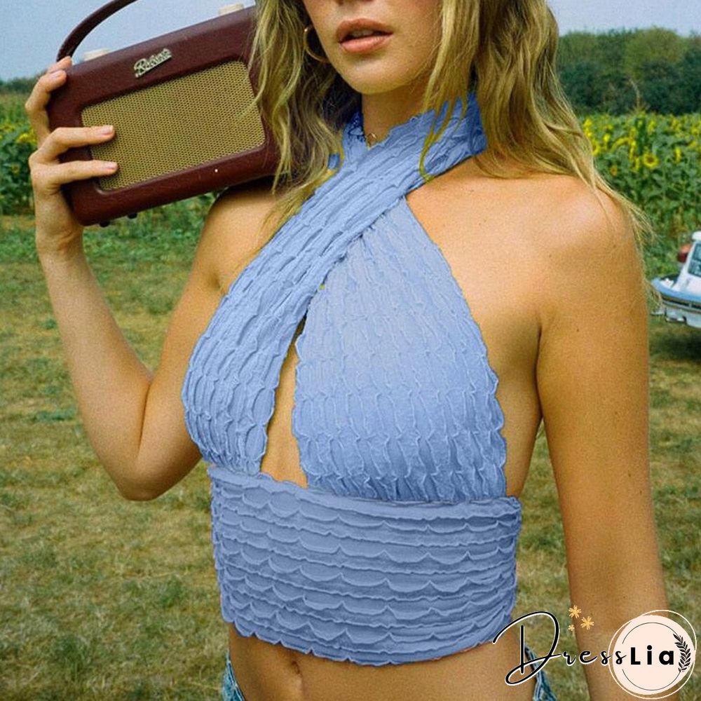 Cotton Patchwork Hollow Out Knit Crop Top Women Halter Neck Summer Sleeveless Backless
