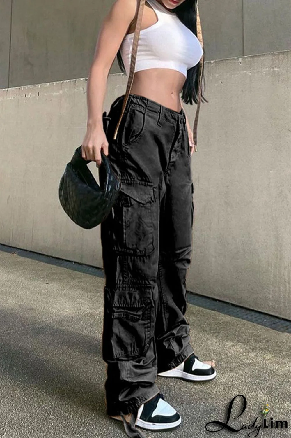 Green Street Solid Patchwork Pocket High Waist Straight Solid Color Bottoms