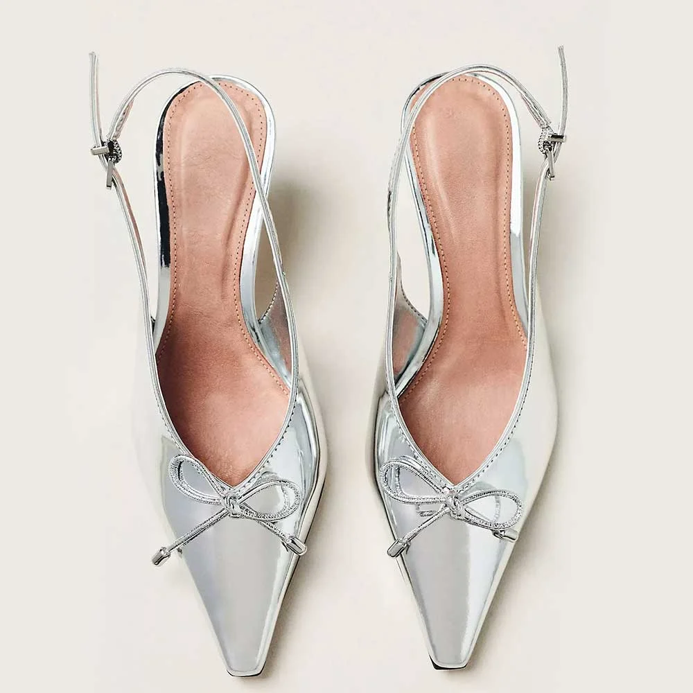 Metallic Pointed Toe Bow Buckle Silver Women's Heels with Slingback