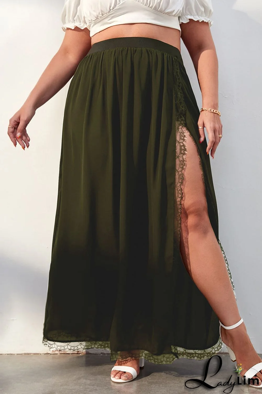 Army Green Casual Solid Patchwork Slit Plus Size