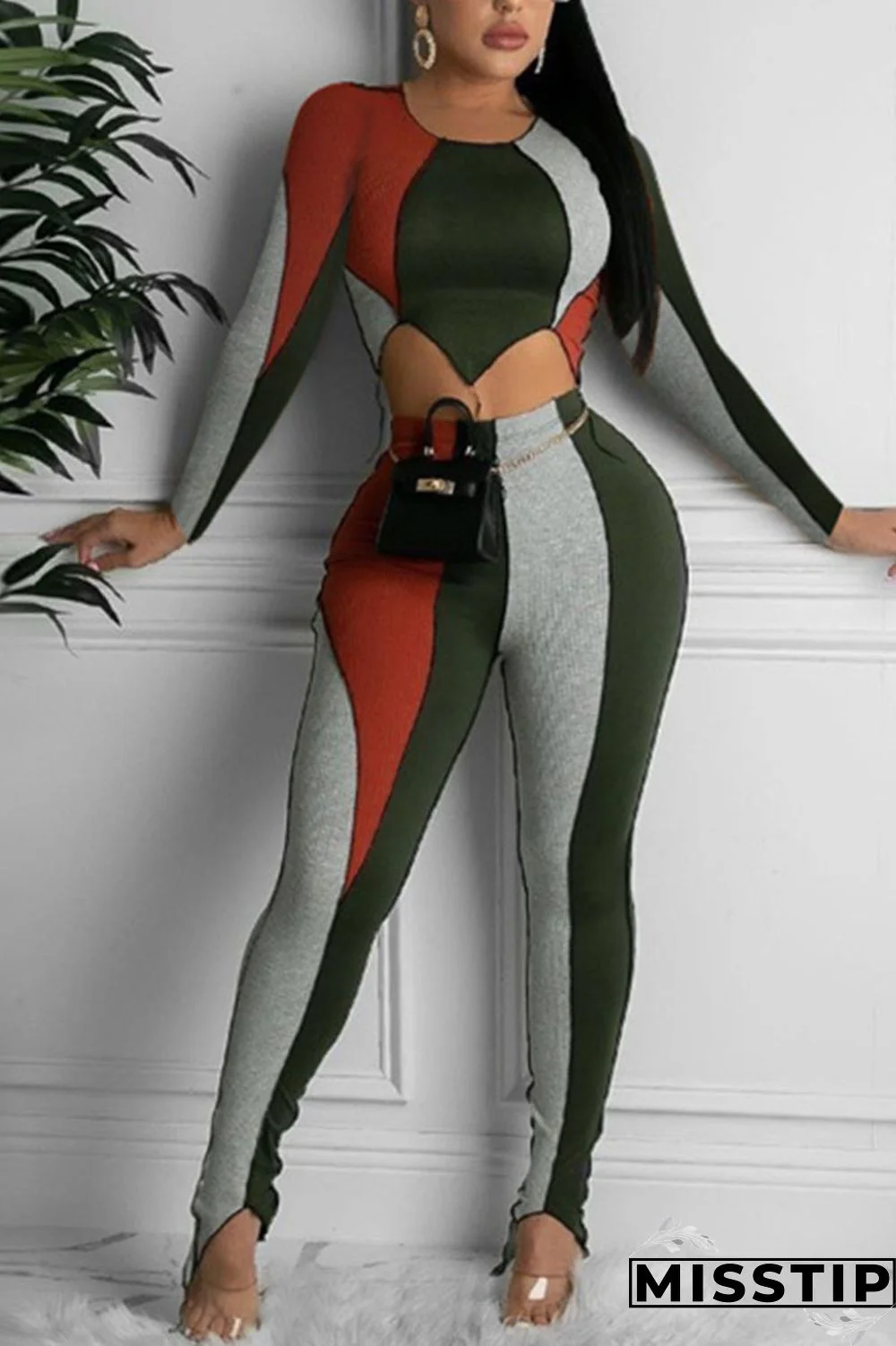 multicolor Casual Daily Solid Patchwork O Neck Long Sleeve Two Pieces