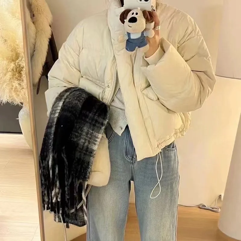 Toloer Korean Version Vertical Collar Down Jacket Women's Short Style 2024 Winter New Thickened Warm White Duck Velvet Large Pocket Bread Coat-Outfit Ideas