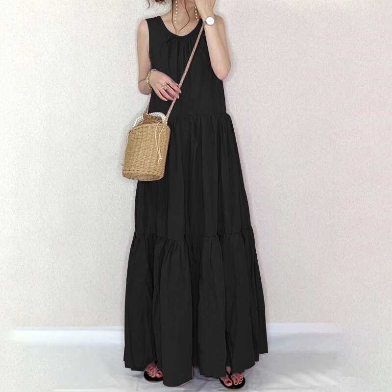 Bohemian Ruffle Dress Women's Summer Sundress 2021 Sleeveless Tank Vestido Female Casual O Neck Robe Femme Plus Size 5XL