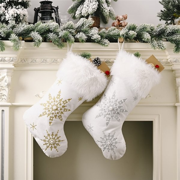 Christmas Tree Decorated Flannelette Pearl Snow Christmas Stockings