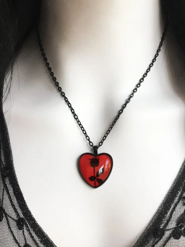 Dark Vintage Necklace with Red Heart-shaped Pendant