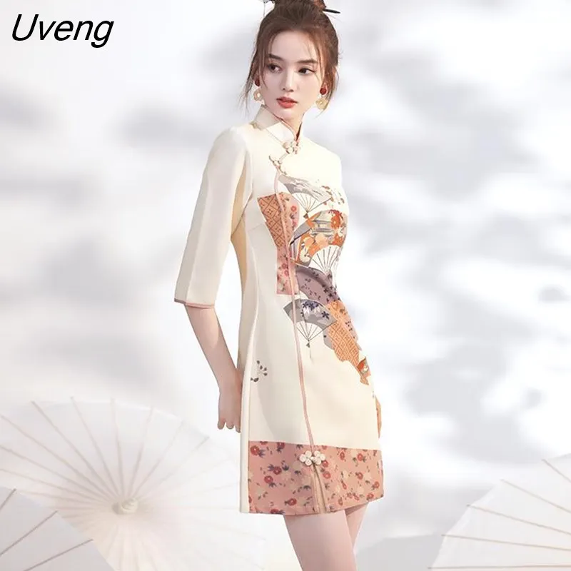 Uveng Women Dresses Vintage Printed Stand Collar Chinese Style Spring Reformed Designs Mini Dress Retro Qipao Female Newest Vestido