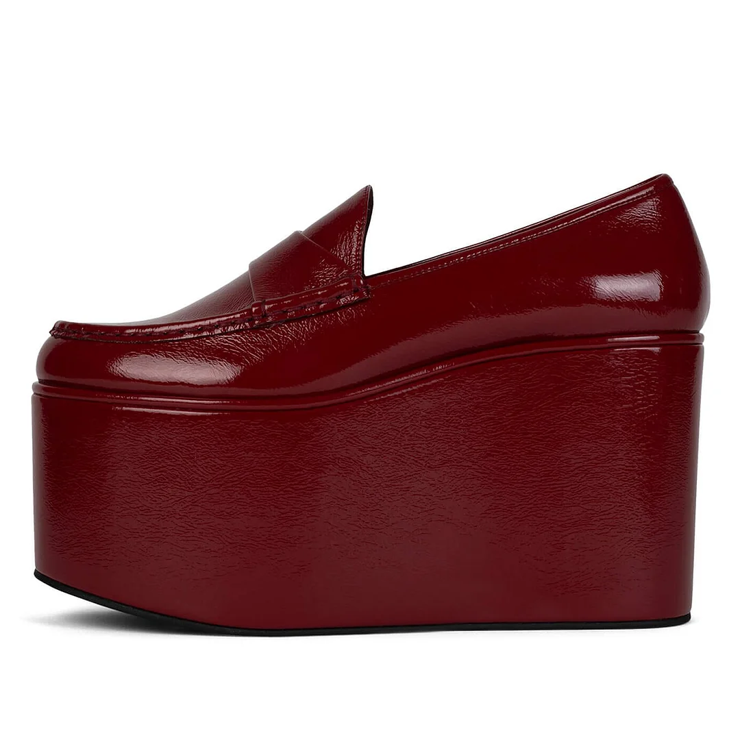 Maroon Almond Toe Bold Platform Wedge Heel Glossy Loafers