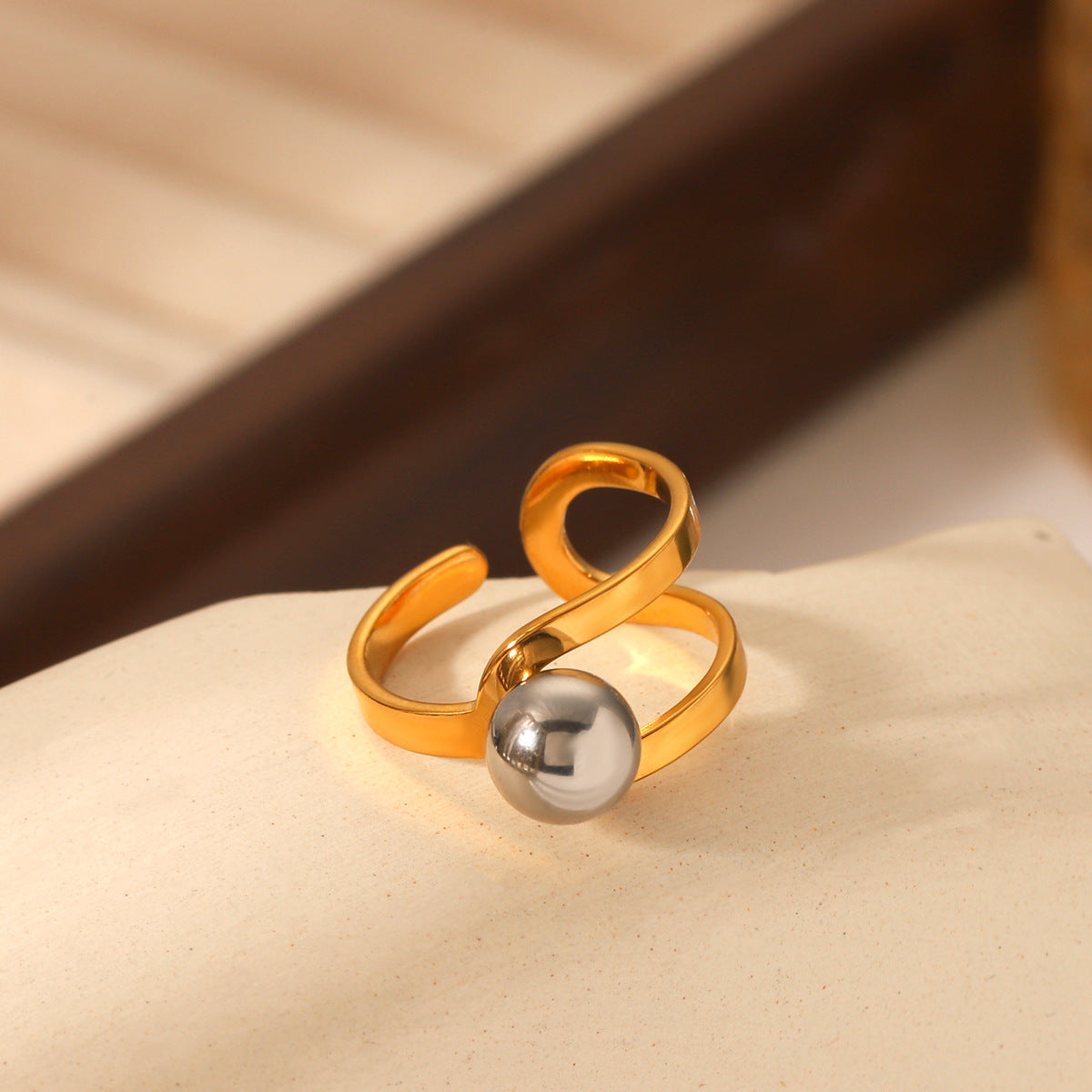 Gold And Silver Color Matching Stainless Steel Ring Hollow Line Steel Bead Open Ring Titanium Steel Ring