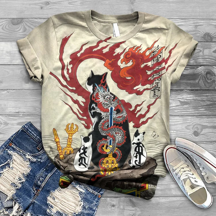 Japanese Flame Cat Demon Print Short-sleeved T-shirt