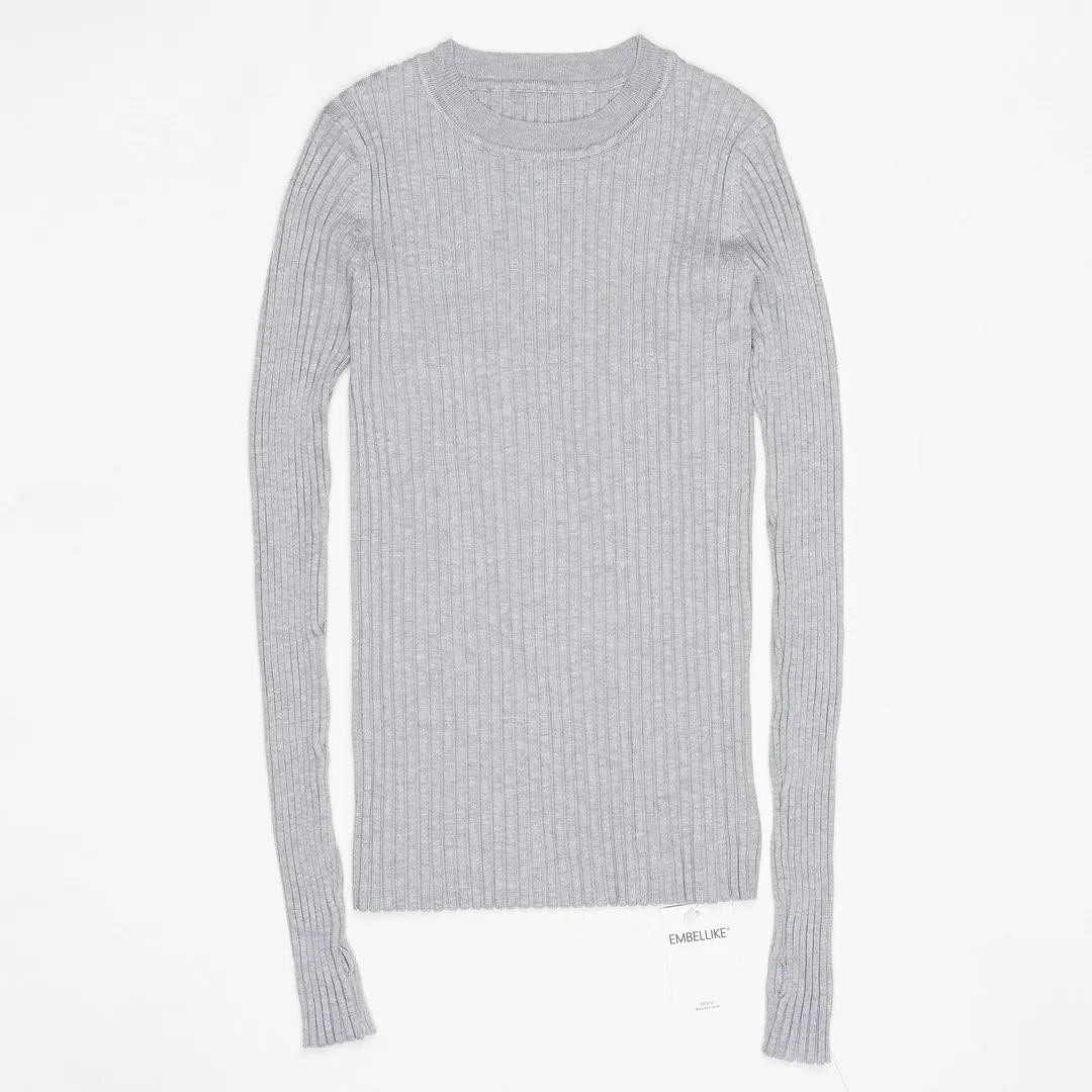 Women Sweater Pullover Basic Ribbed Sweaters Cotton Tops Knitted Solid Crew Neck With Thumb Hole