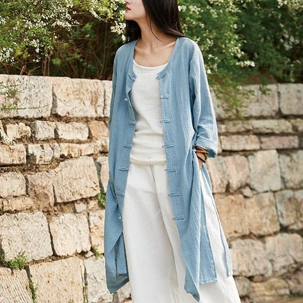 Style Women Solid Color Long Trench Coats  New Cotton Linen Vintage O-Neck Plate Buckle Coats