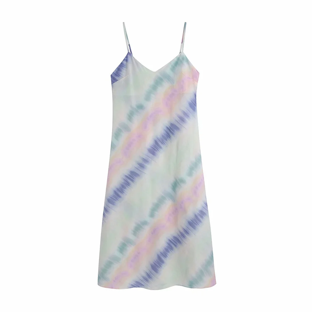 Zevity Women Vintage Colorful Tie Dyed Print Casual Sling Midi Dress Female Chic Backless Spaghetti Strap Summer Vestidos DS8203
