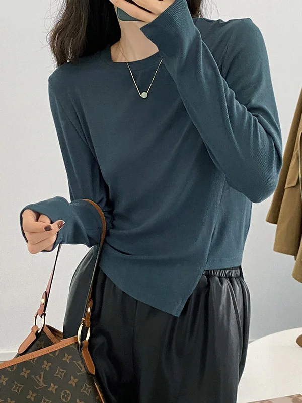 Urban Pure Color Split-Side Long Sleeves T-Shirt Top