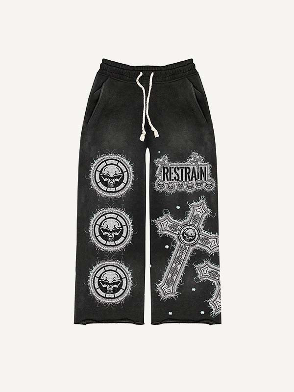 Cross&Skull Faux Decal Print Elastic Waist Pants