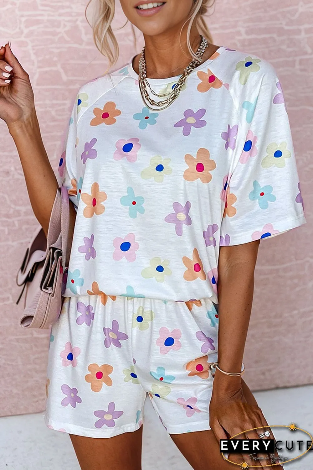 White Flower Print Short Sleeve High Waist Two Piece Shorts Set