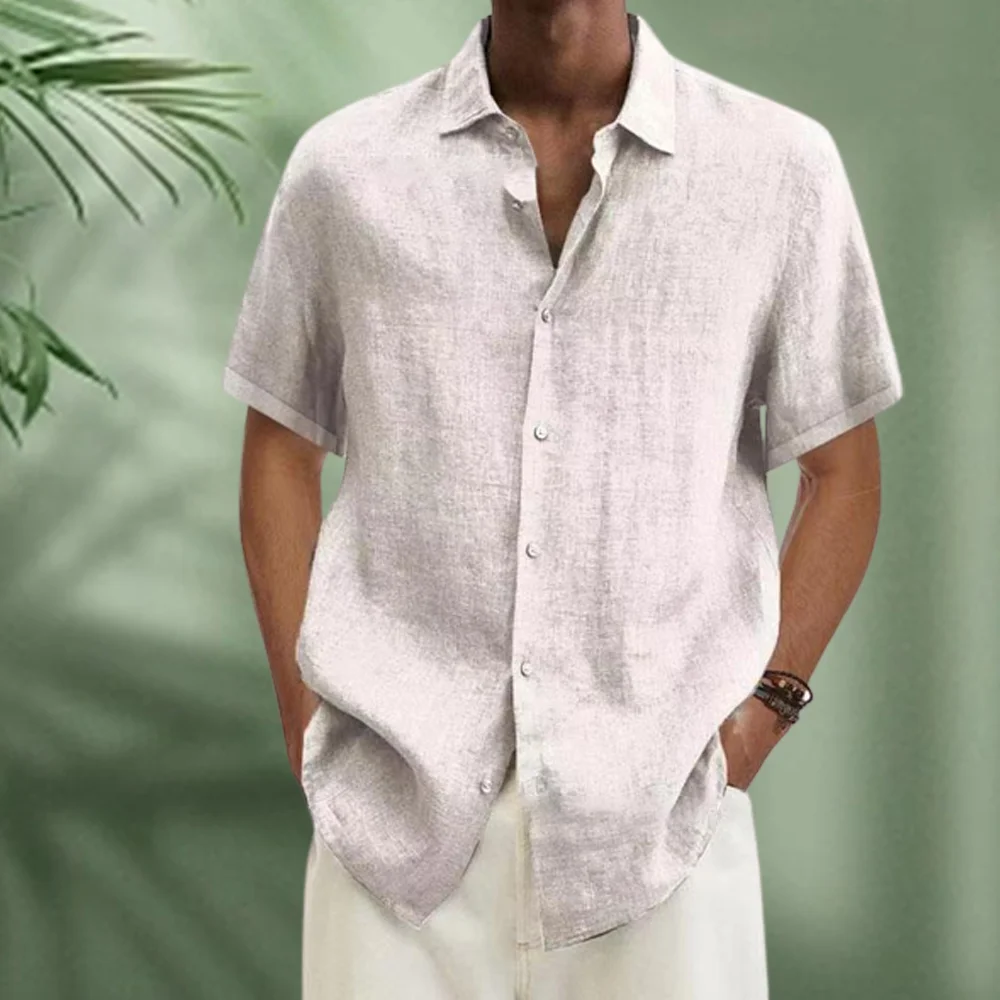 Smiledeer Summer new men's solid color cotton and linen short-sleeved shirt