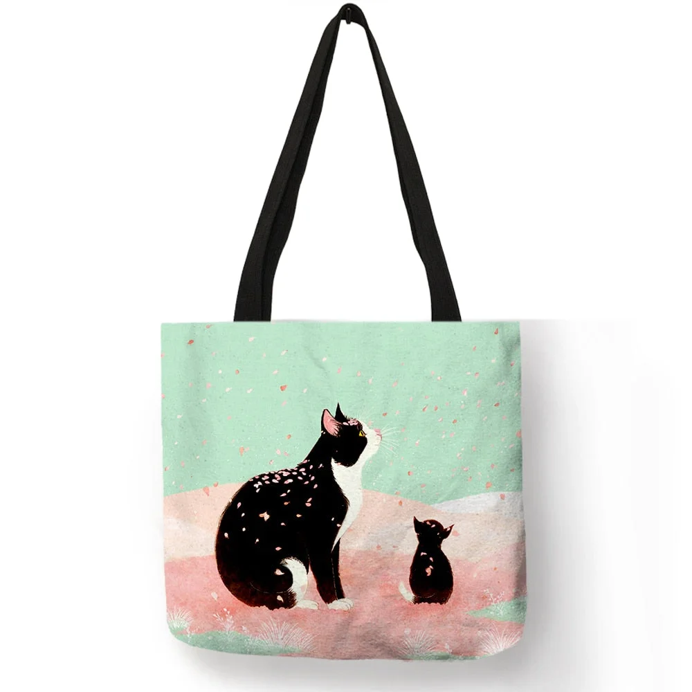 Customized Cartoon Cat Print Korean Tote Bag For Women Reusable Shopping Bags For Groceries Folding Travel School Bags Pouch