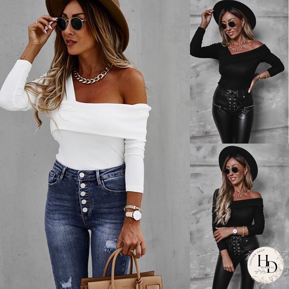 Autumn And Winter Va Va Voom Long Sleeve Oblique Strapless Irregular Blouse Shirts Women Cropped Polo Shirt Blusas Mujer