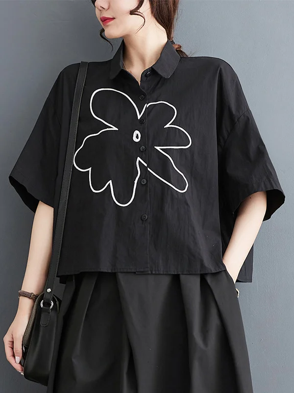 Floral Printed Loose Short Sleeves Lapel Blouses