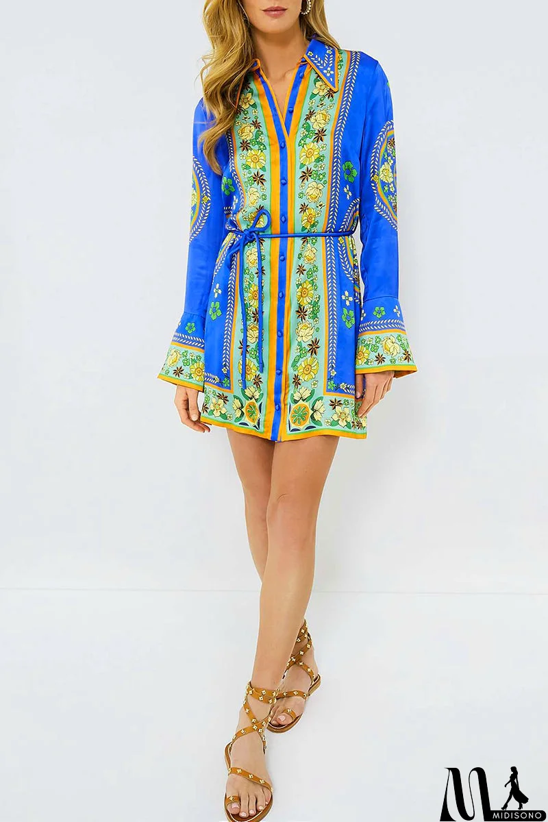 MidiSono - Casual Flowers Print Lace Up Turndown Collar Shirt Dresses