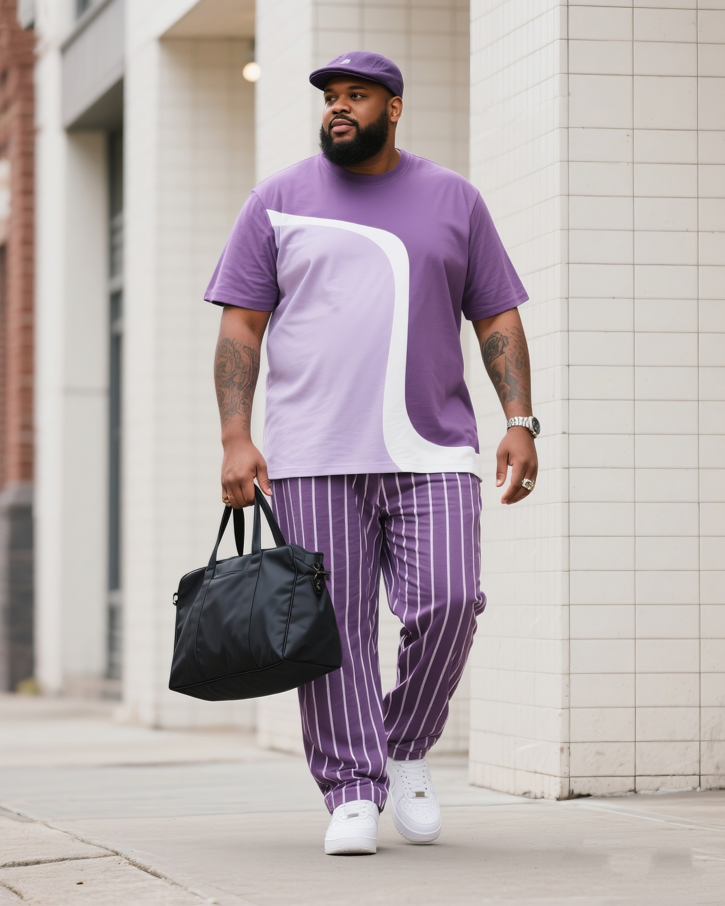 Big Boy Street Fashion High Purple Art Color-matching Striped Short Sleeve Trousers Suit