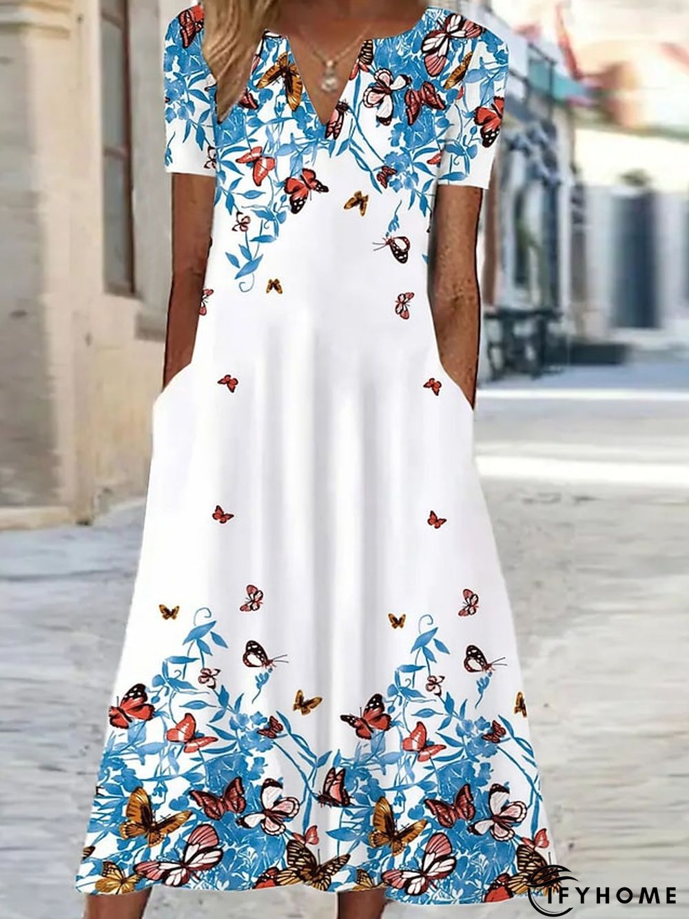 Women's Casual Dress Shift Dress Swing Dress Floral Butterfly Pocket Print V Neck Midi Dress Active Fashion Outdoor Vacation Short Sleeve Regular Fit White Blue Green Spring Summer S M L XL XXL | IFYHOME