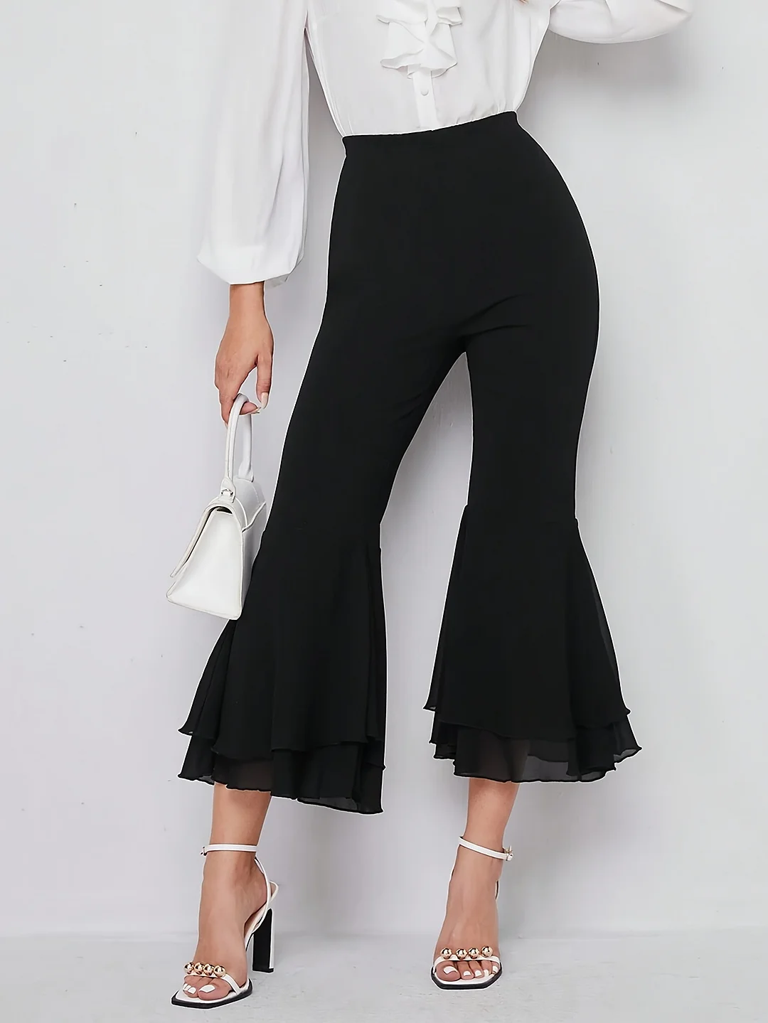 Women's Stretch Waist Flared Cropped Pants - Semi-Sheer Black With Net Panel Detail, Elegant Office To Party Wear, Machine Washable For Spring Summer Fall, Office Party Wear | Tiered Fashion | Comfortable Fit | IFYHOME