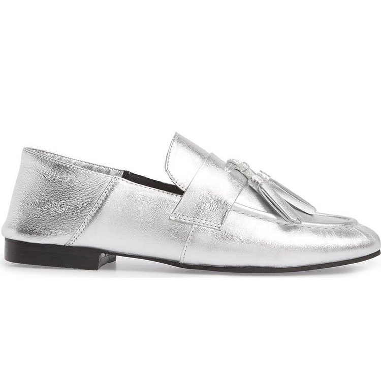 Silver Loafers for Women Round Toe Flats with Tassel |FSJ Shoes