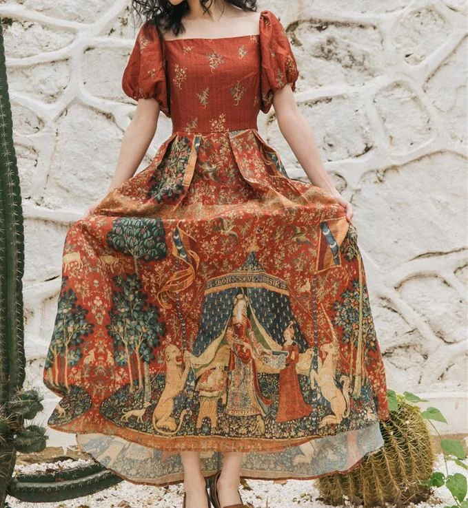 Fairy Tales Aesthetic Vintage Court Style Oil Painting Print Dress QueenFunky