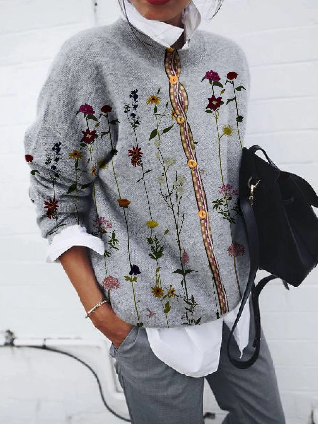 Women Long Sleeve V-neck Graphic Floral Printed Top