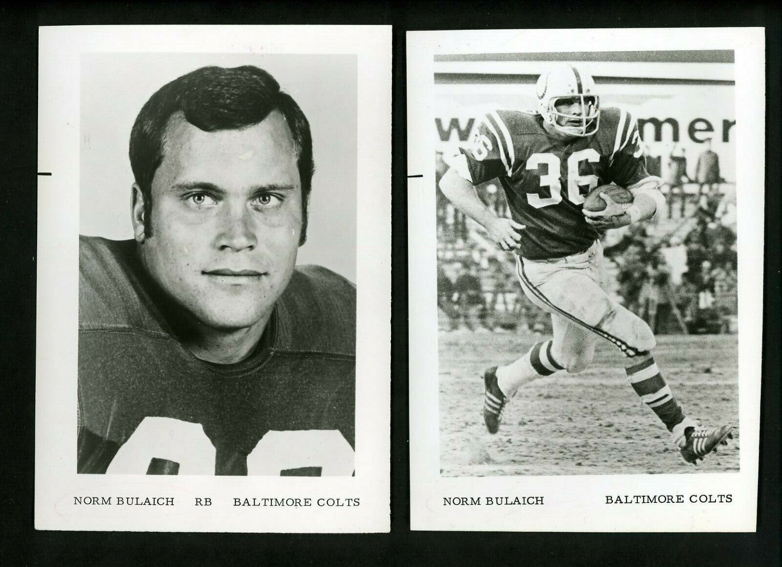 Norm Bulaich LOT of TWO Baltimore Colts 1971 team issued Press Photo Poster paintings