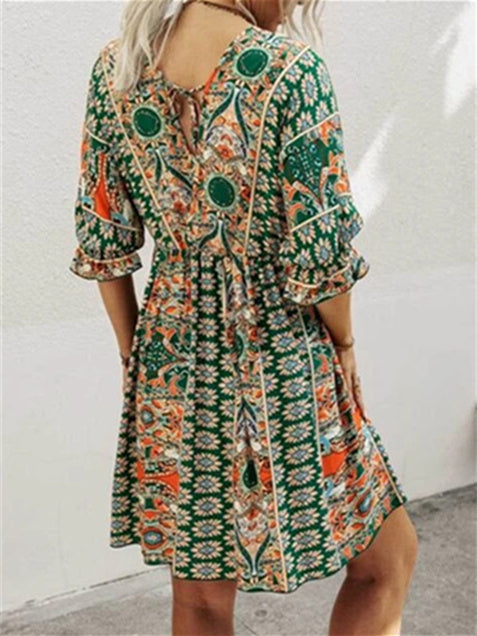 Women's Short Sleeve V-neck Floral Printed Lace-up Midi Dress