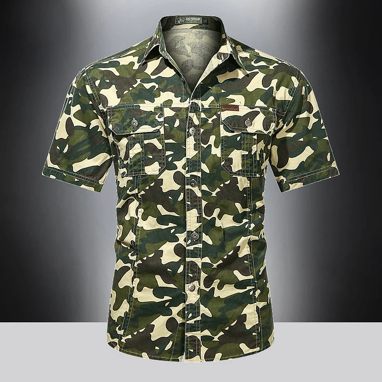 Men's Casual Cotton Short Sleeve Military Camouflage Shirt