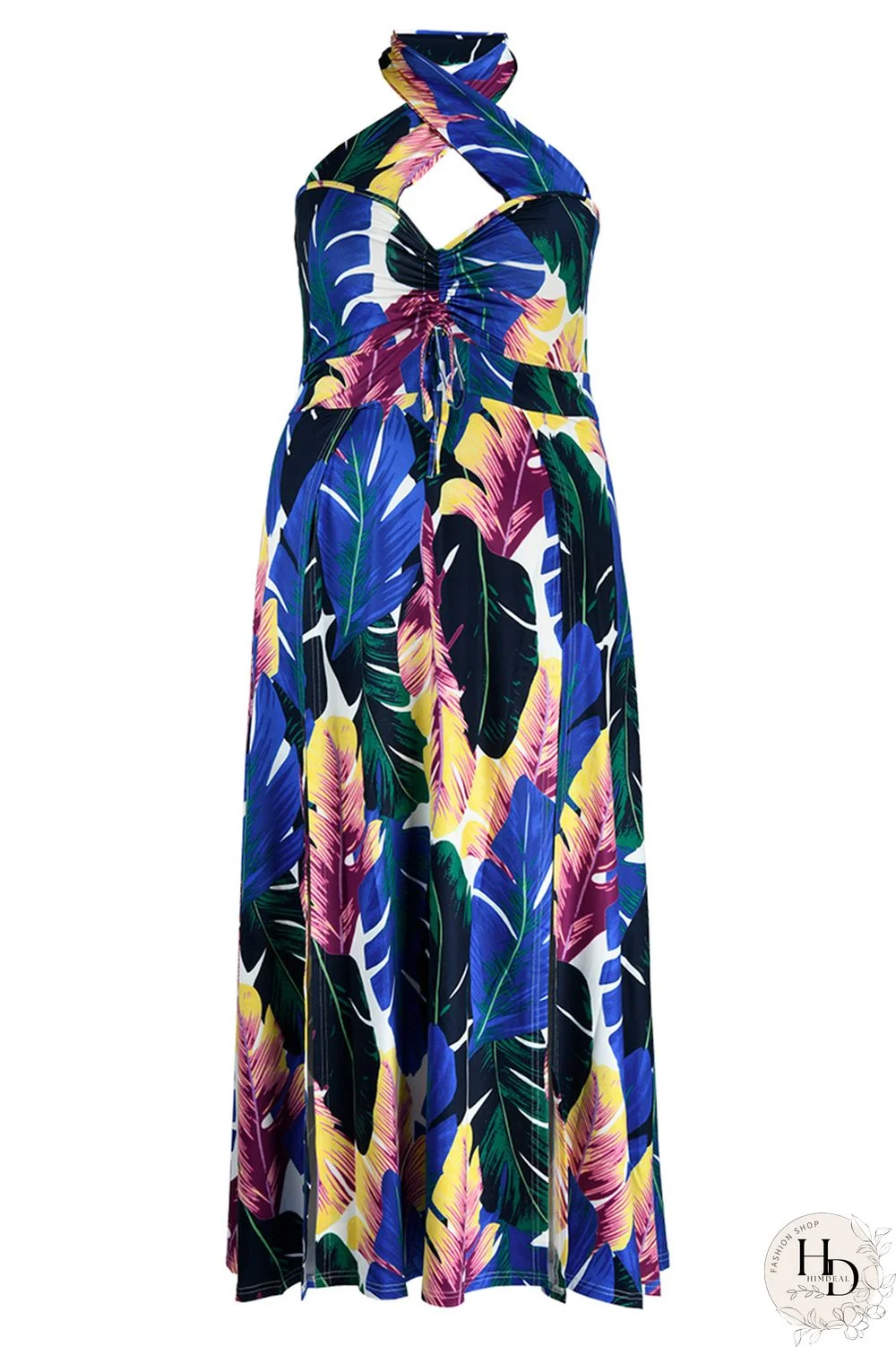 Yellow Fashion Sexy Plus Size Print Backless Slit Halter Sleeveless Dress