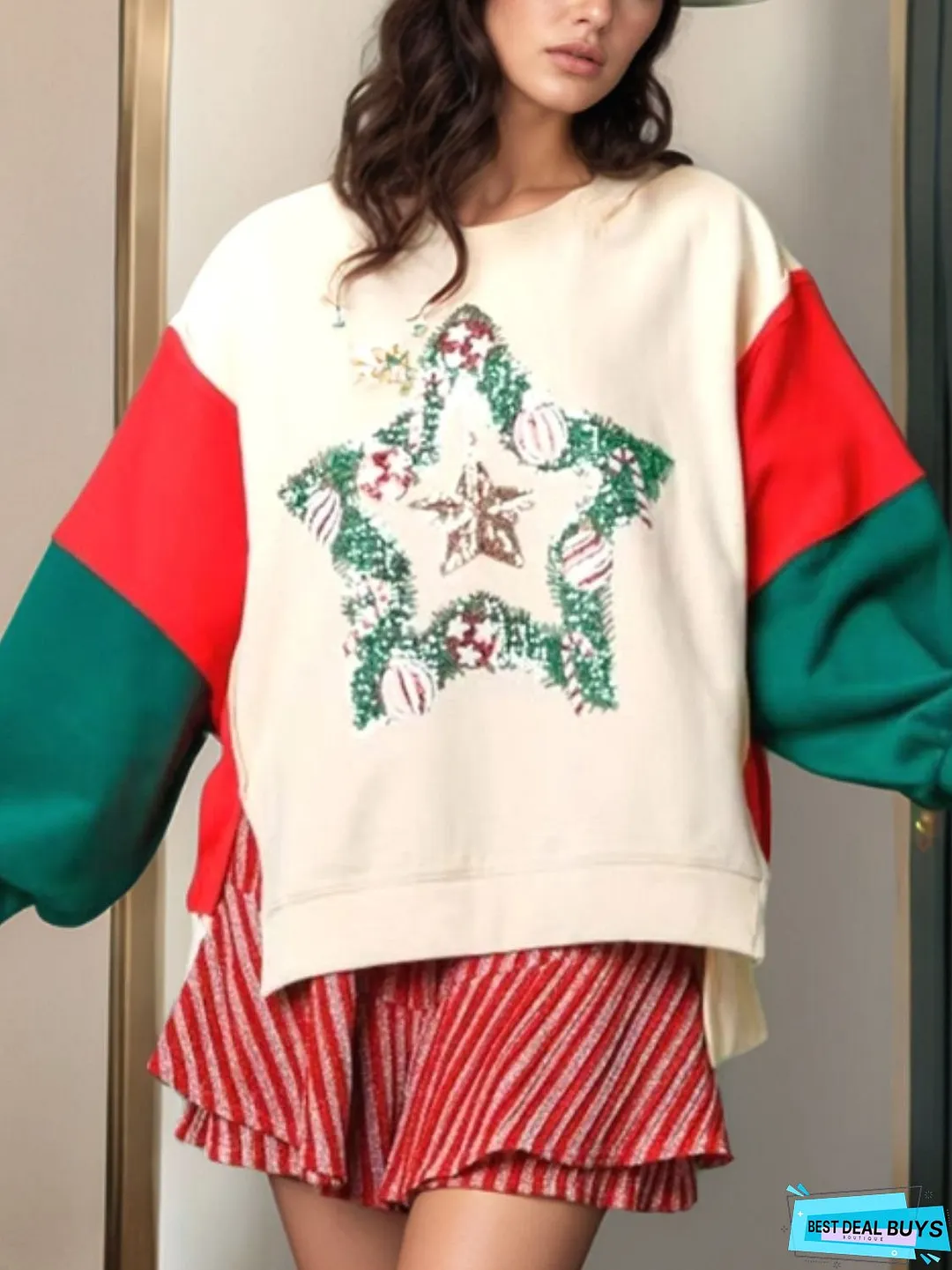 Color Block Star Side Slit Lantern Sleeve Sweatshirt